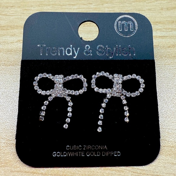 Jewelry - Cubic Zirconia Gold/White Gold Dipped Tie Bow Knot Elegant Stud Earrings